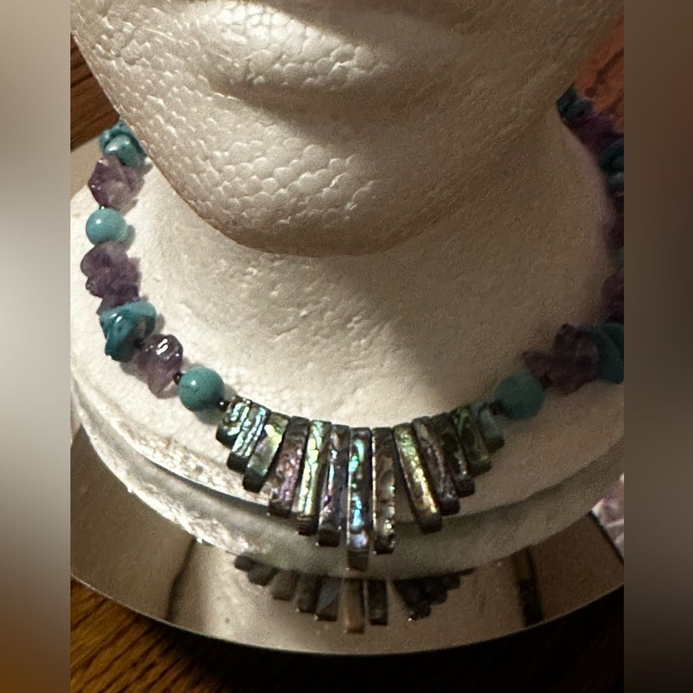 Sterling Silver Turquoise Amethyst Necklace with Abalone Spray. Total stunner! - Picture 3 of 4